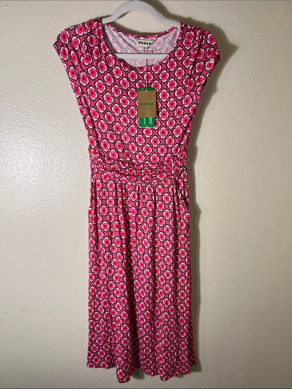 Boden Pink and White Geometric Cap-Sleeve Midi Dress size 0P